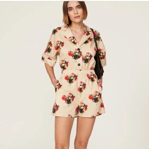 Adam Lippes Collective Blurry Floral Tan Romper